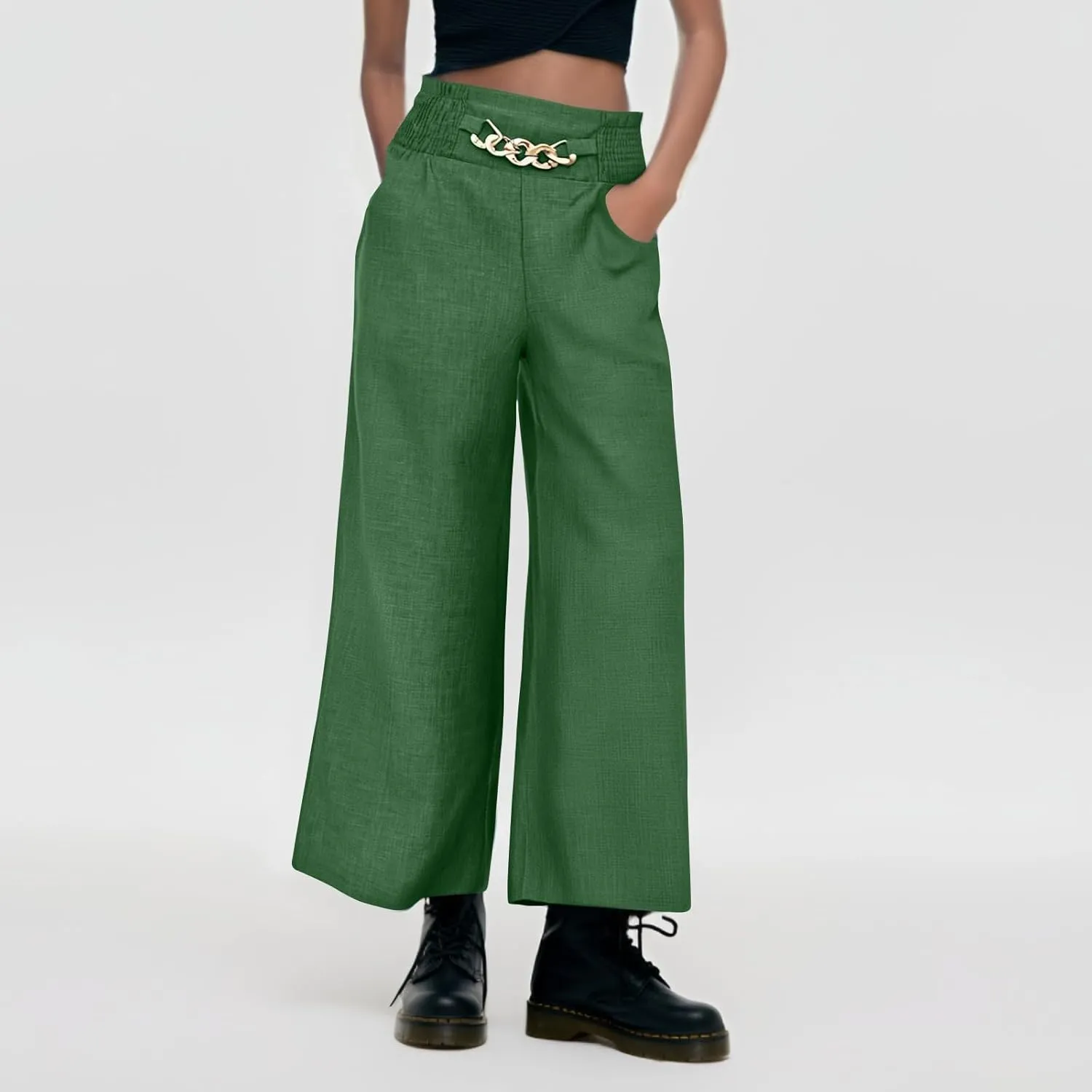 Wide Leg Linen Pants for Women Elastic Smocked High Waisted Flowy Palazzo Pants with Pockets Casual Relaxed Fit Dress Trouser