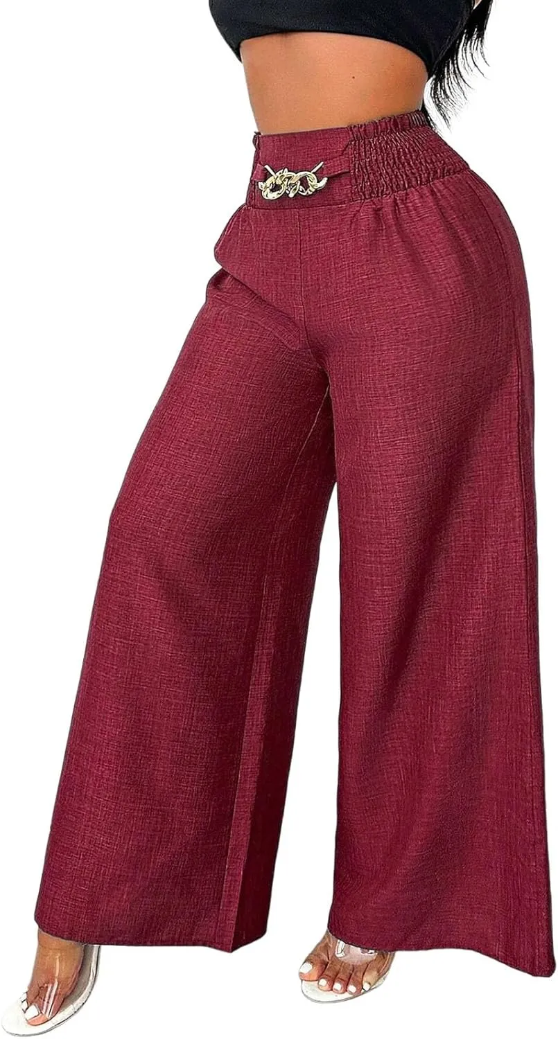Wide Leg Linen Pants for Women Elastic Smocked High Waisted Flowy Palazzo Pants with Pockets Casual Relaxed Fit Dress Trouser