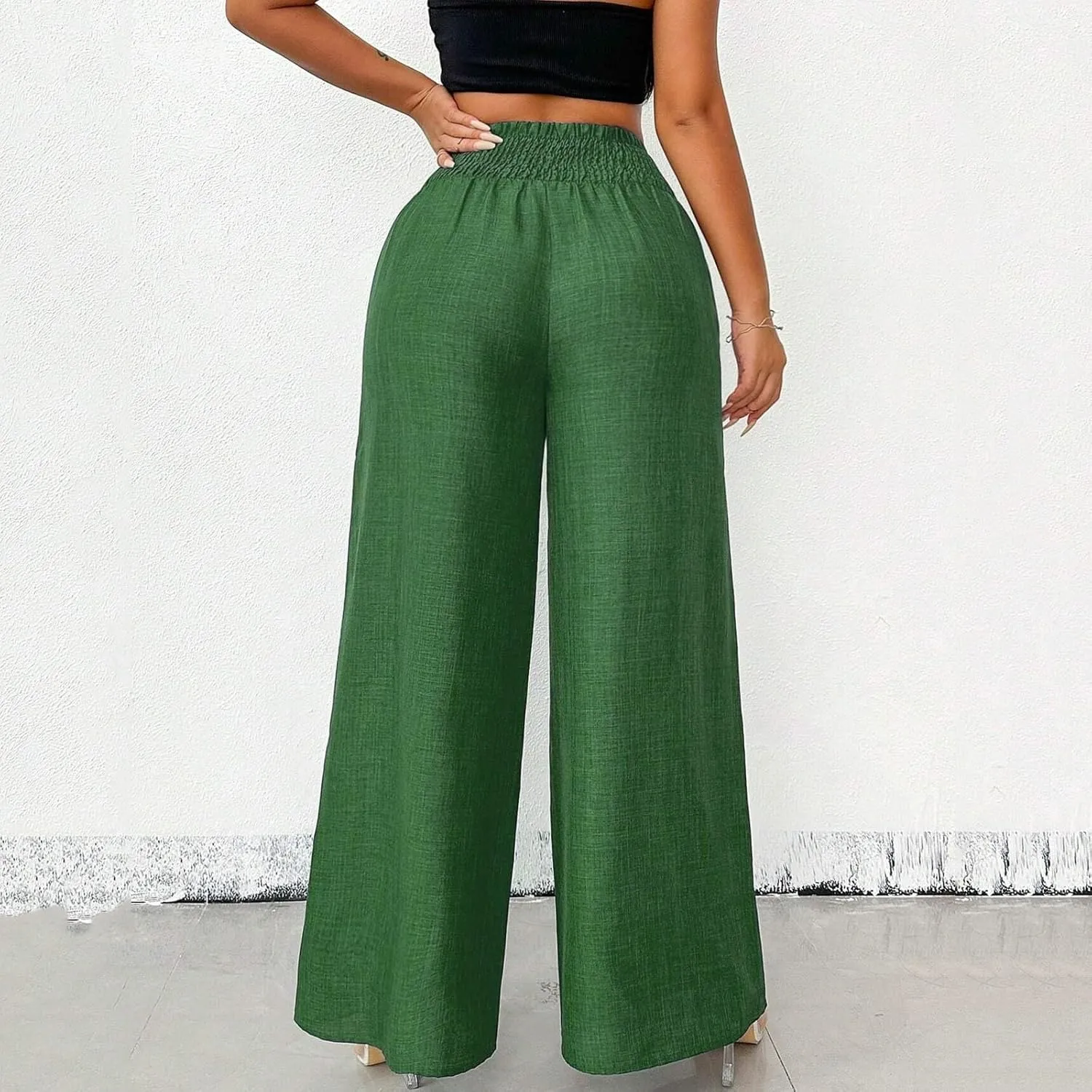 Wide Leg Linen Pants for Women Elastic Smocked High Waisted Flowy Palazzo Pants with Pockets Casual Relaxed Fit Dress Trouser