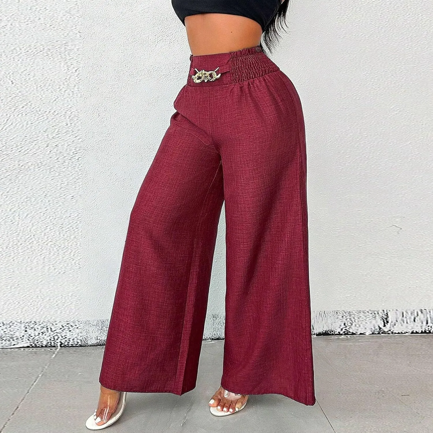 Wide Leg Linen Pants for Women Elastic Smocked High Waisted Flowy Palazzo Pants with Pockets Casual Relaxed Fit Dress Trouser
