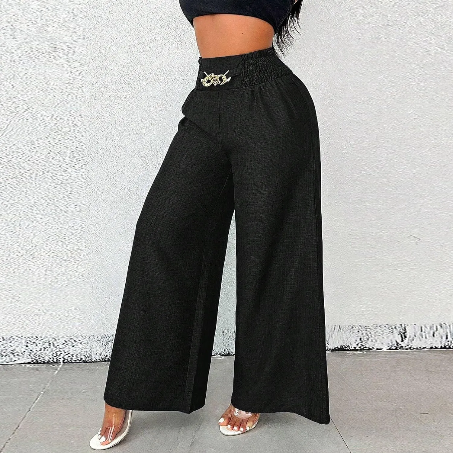 Wide Leg Linen Pants for Women Elastic Smocked High Waisted Flowy Palazzo Pants with Pockets Casual Relaxed Fit Dress Trouser