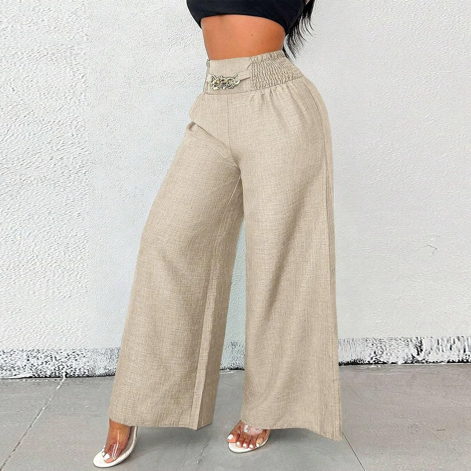 Wide Leg Linen Pants for Women Elastic Smocked High Waisted Flowy Palazzo Pants with Pockets Casual Relaxed Fit Dress Trouser