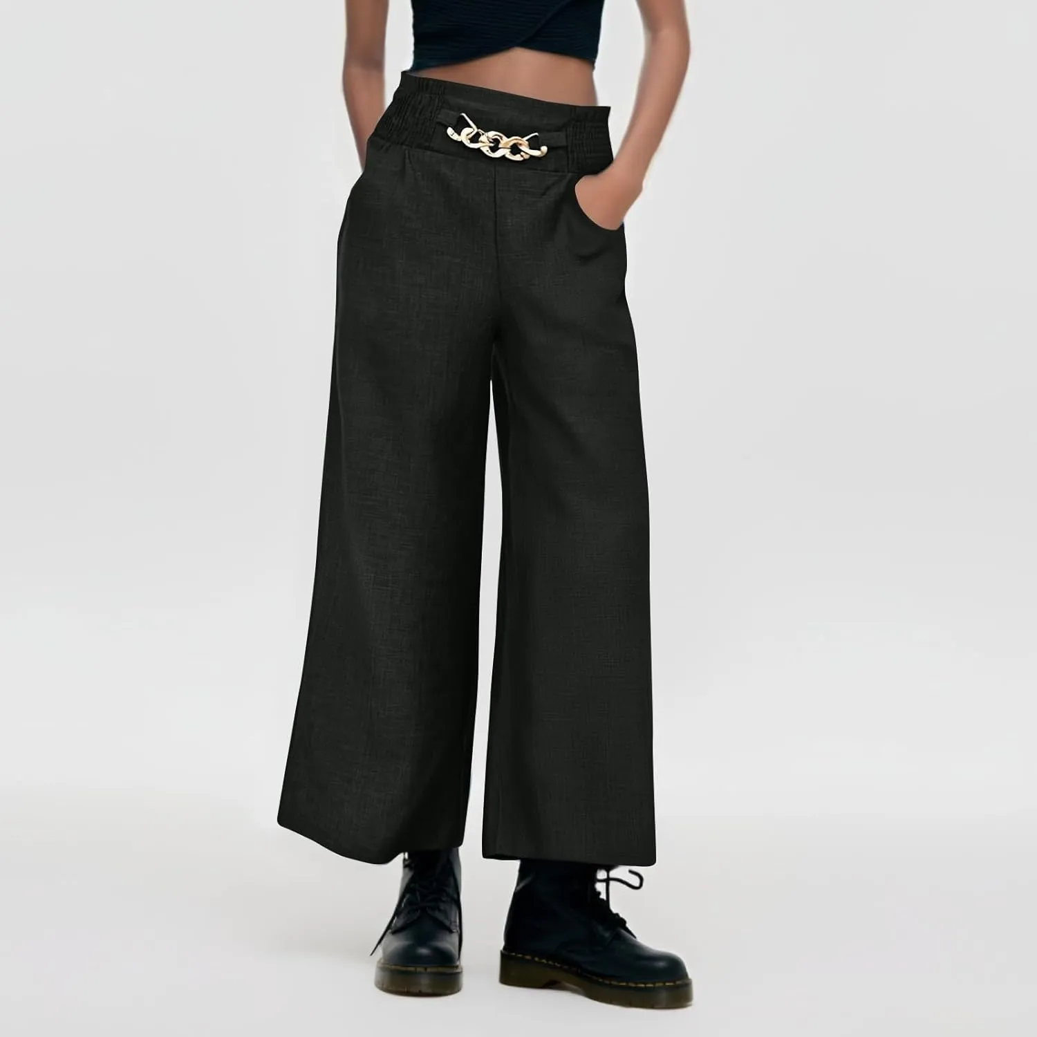 Wide Leg Linen Pants for Women Elastic Smocked High Waisted Flowy Palazzo Pants with Pockets Casual Relaxed Fit Dress Trouser
