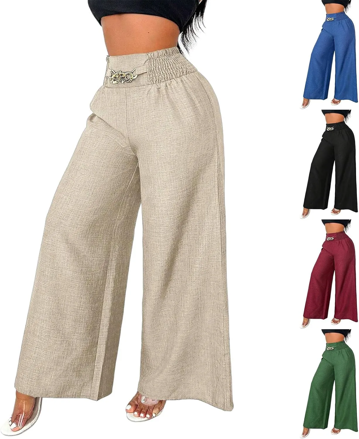 Wide Leg Linen Pants for Women Elastic Smocked High Waisted Flowy Palazzo Pants with Pockets Casual Relaxed Fit Dress Trouser
