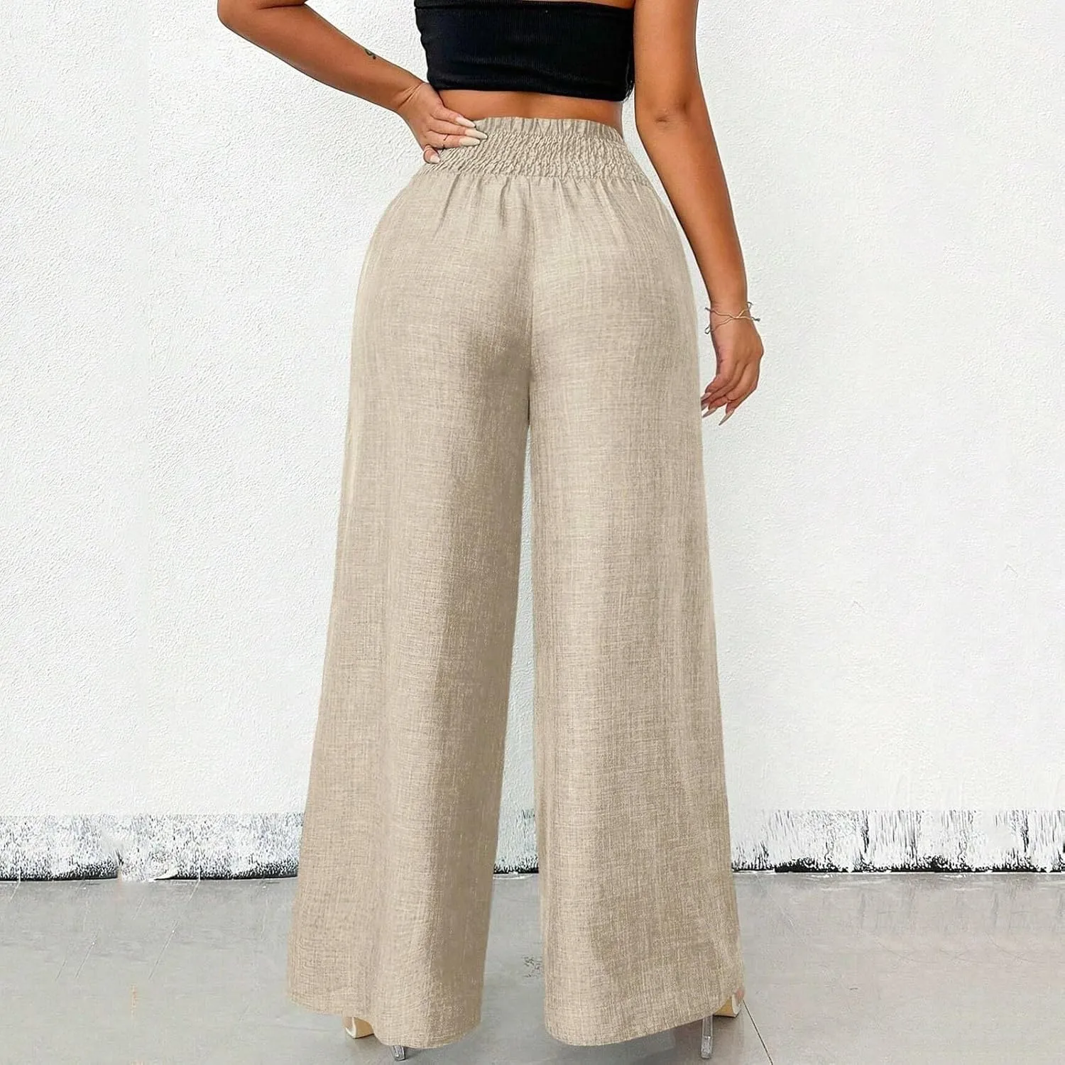 Wide Leg Linen Pants for Women Elastic Smocked High Waisted Flowy Palazzo Pants with Pockets Casual Relaxed Fit Dress Trouser
