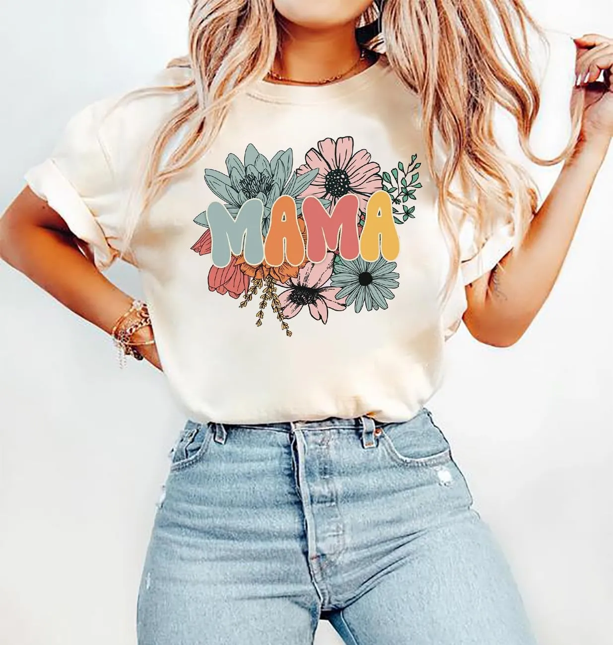 Wildflowers Mama Shirt Women Retro Floral Graphic Mom Tshirt Casual Loose Short Sleeve Tops Tee