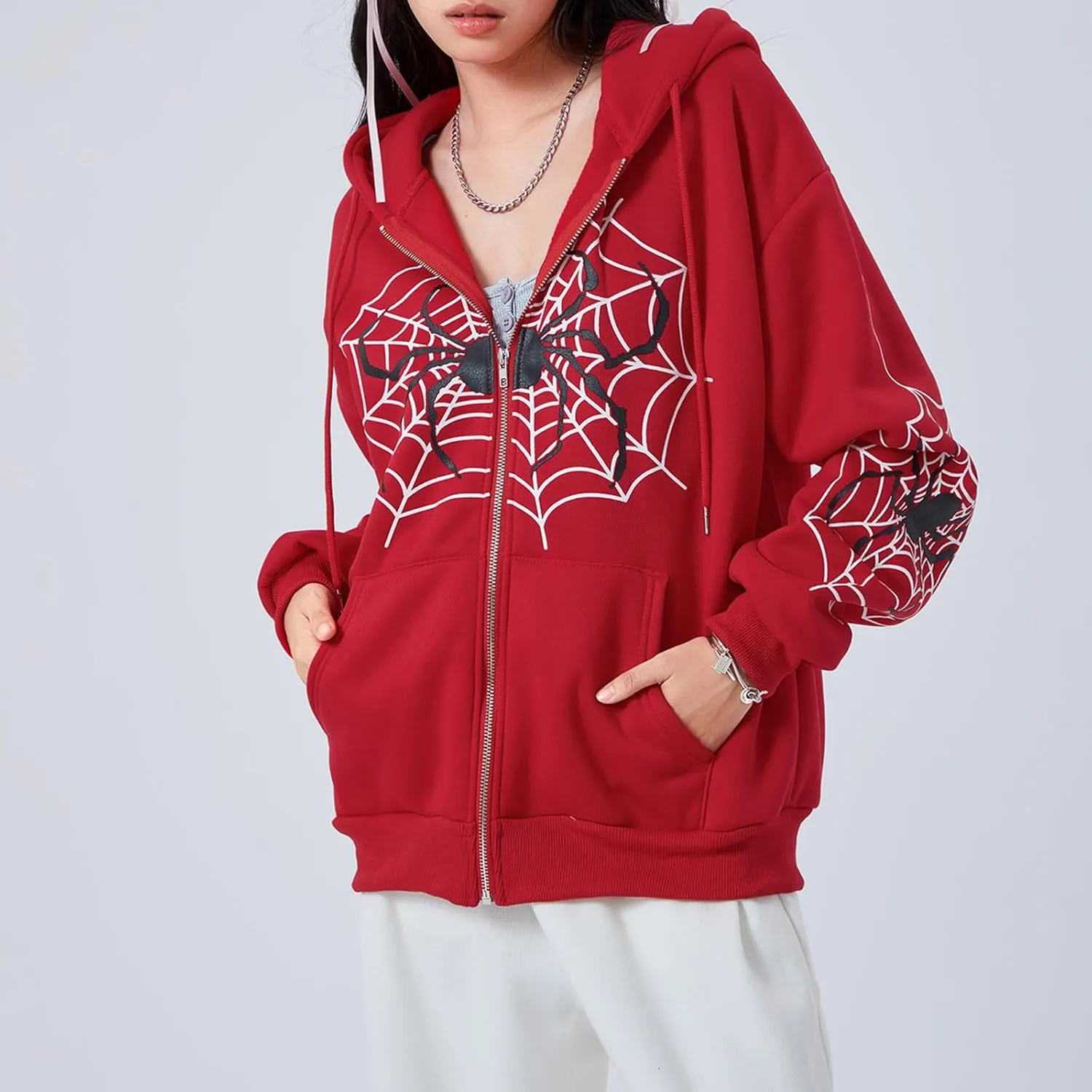 Winioder Women Y2K Spider Zip Up Hoodie Jacket Punk Goth Grunge Aesthetic Oversized Hoodies Vintage Graphic Sweatshirt