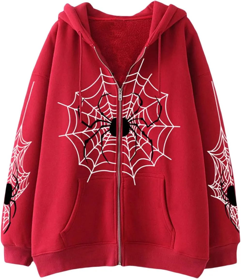 Winioder Women Y2K Spider Zip Up Hoodie Jacket Punk Goth Grunge Aesthetic Oversized Hoodies Vintage Graphic Sweatshirt