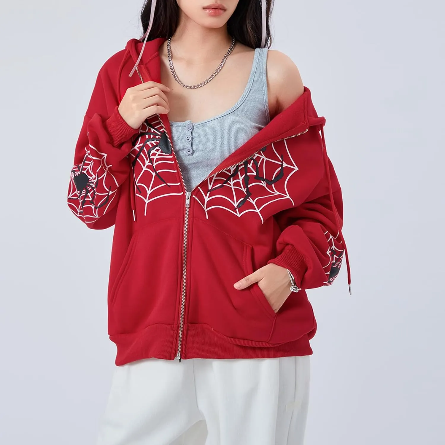 Winioder Women Y2K Spider Zip Up Hoodie Jacket Punk Goth Grunge Aesthetic Oversized Hoodies Vintage Graphic Sweatshirt