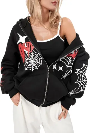 Winioder Women Y2K Spider Zip Up Hoodie Jacket Punk Goth Grunge Aesthetic Oversized Hoodies Vintage Graphic Sweatshirt