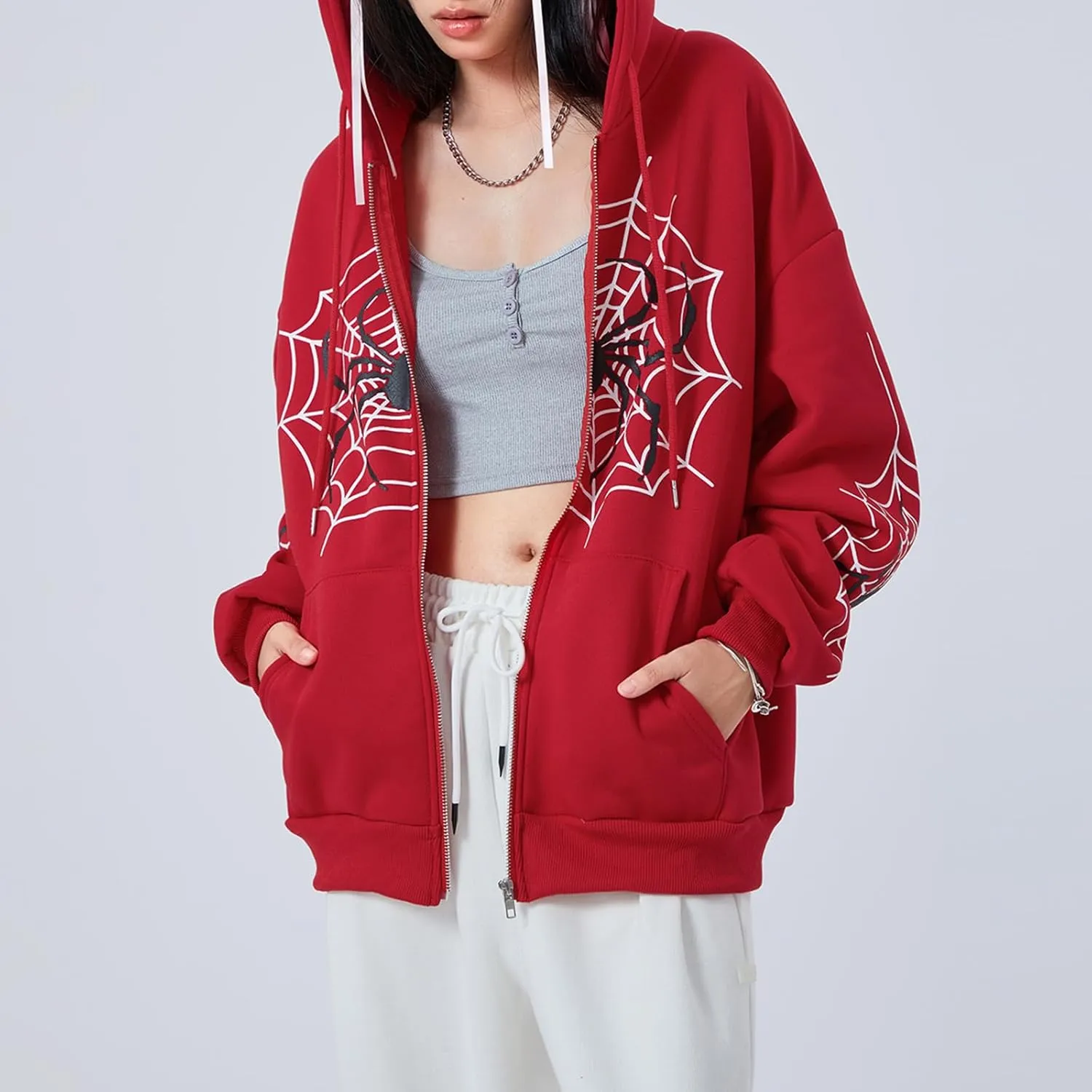 Winioder Women Y2K Spider Zip Up Hoodie Jacket Punk Goth Grunge Aesthetic Oversized Hoodies Vintage Graphic Sweatshirt