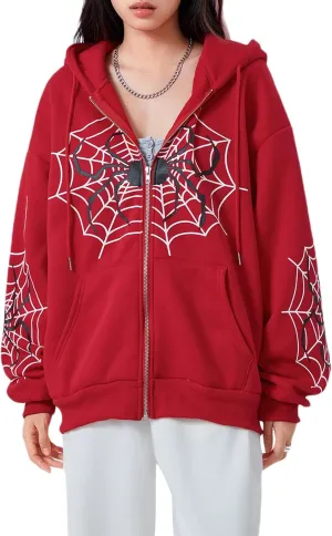Winioder Women Y2K Spider Zip Up Hoodie Jacket Punk Goth Grunge Aesthetic Oversized Hoodies Vintage Graphic Sweatshirt