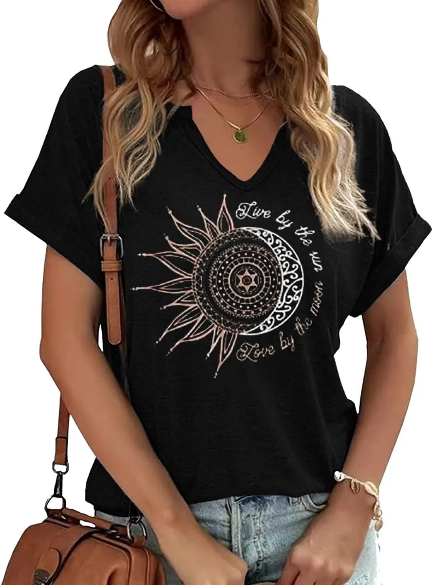Woffccrd Womens V Neck T-Shirts Vintage Graphic Tees Sun and Moon Short Sleeve Vacation Funny Graphic Tee Tops
