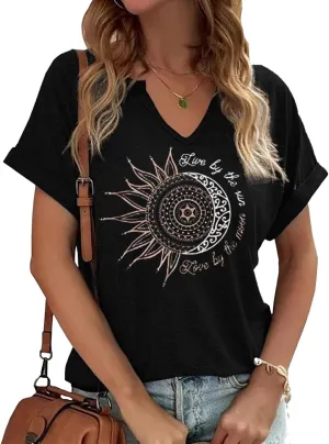 Woffccrd Womens V Neck T-Shirts Vintage Graphic Tees Sun and Moon Short Sleeve Vacation Funny Graphic Tee Tops