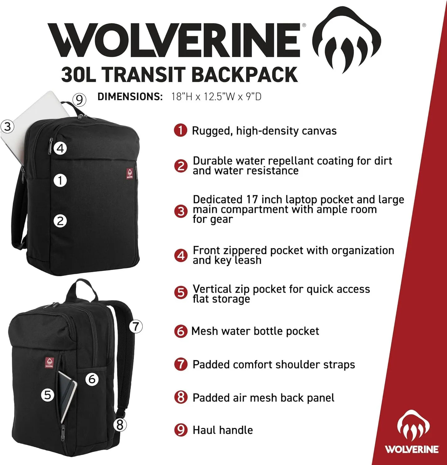 WOLVERINE Lightweight, Water Resistant Rugged Laptop Backpack for Travel or Work, Transit-Grey, 30L