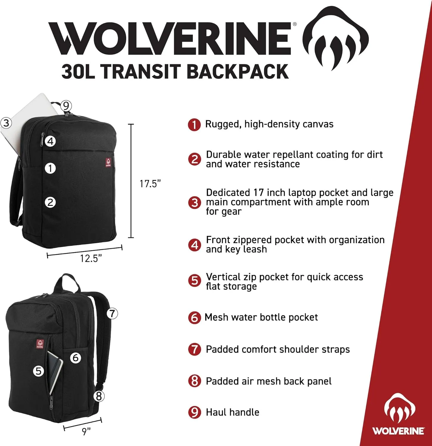 WOLVERINE Lightweight, Water Resistant Rugged Laptop Backpack for Travel or Work, Transit-Grey, 30L