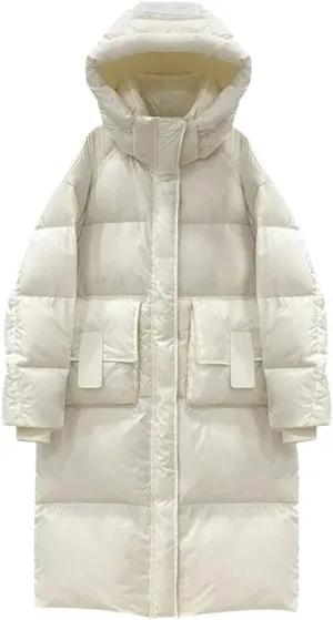 Women Casual Mid-Length Stand Hooded Down Coat Winter Thicken Zipper Cotton-Padded Jacket Pocket Warm Loose Jacket