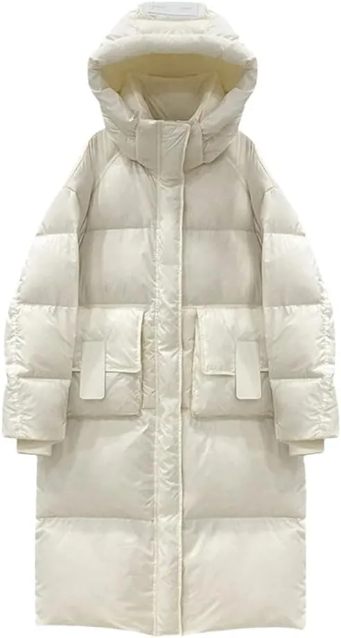 Women Casual Mid-Length Stand Hooded Down Coat Winter Thicken Zipper Cotton-Padded Jacket Pocket Warm Loose Jacket
