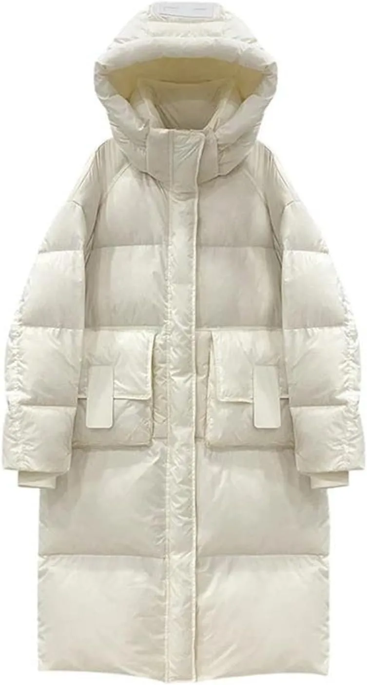 Women Casual Mid-Length Stand Hooded Down Coat Winter Thicken Zipper Cotton-Padded Jacket Pocket Warm Loose Jacket