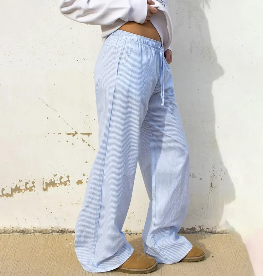 Women Drawstring Striped Pants High Waist Wide Leg Lounge Pants Casual Relaxed Fit Pajama Bottoms Y2k Streetwear