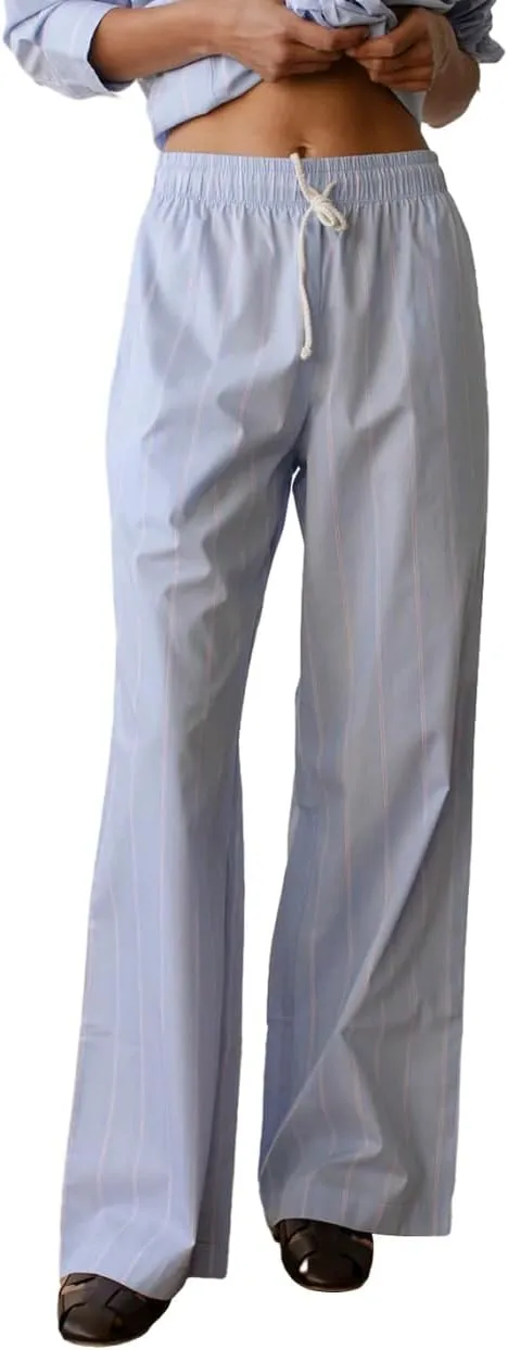 Women Drawstring Striped Pants High Waist Wide Leg Lounge Pants Casual Relaxed Fit Pajama Bottoms Y2k Streetwear