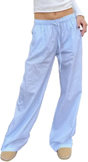 Women Drawstring Striped Pants High Waist Wide Leg Lounge Pants Casual Relaxed Fit Pajama Bottoms Y2k Streetwear