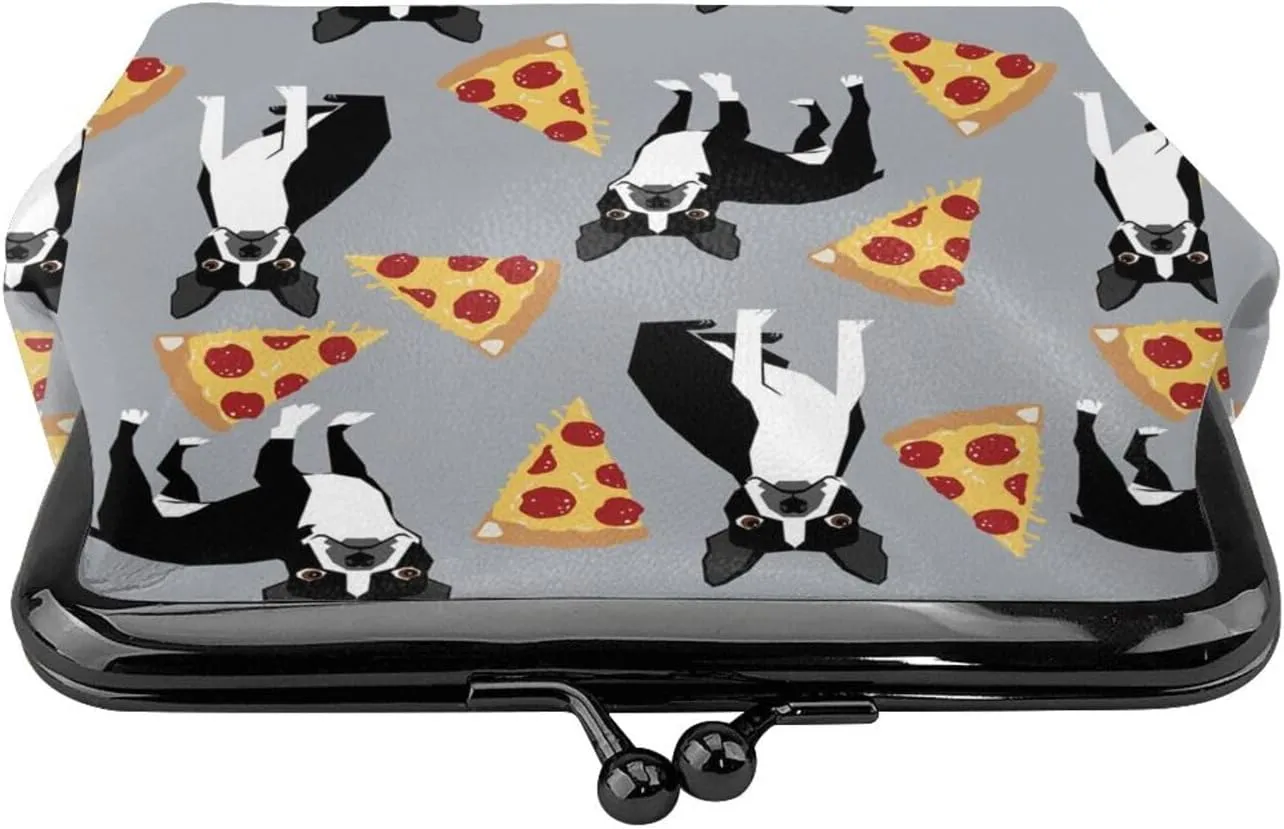 Women Fashion Lock Change Pouch Coin Purse, Trendy Accessory (Grey Boston Terrier Dog Pizza)