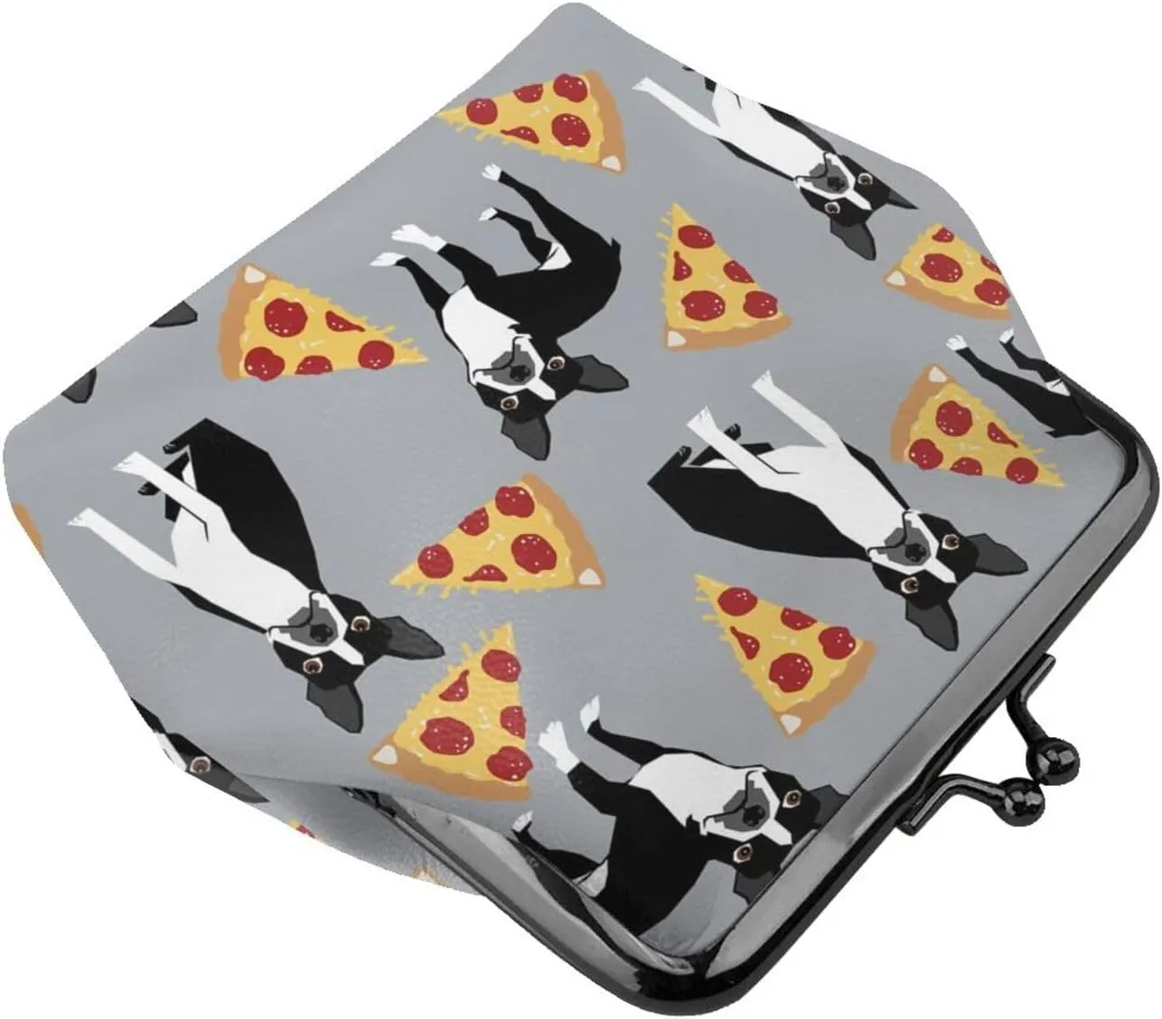 Women Fashion Lock Change Pouch Coin Purse, Trendy Accessory (Grey Boston Terrier Dog Pizza)