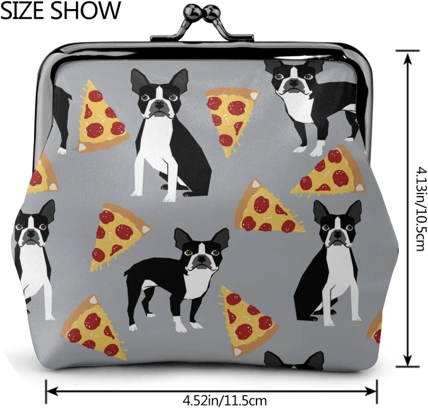 Women Fashion Lock Change Pouch Coin Purse, Trendy Accessory (Grey Boston Terrier Dog Pizza)