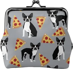 Women Fashion Lock Change Pouch Coin Purse, Trendy Accessory (Grey Boston Terrier Dog Pizza)