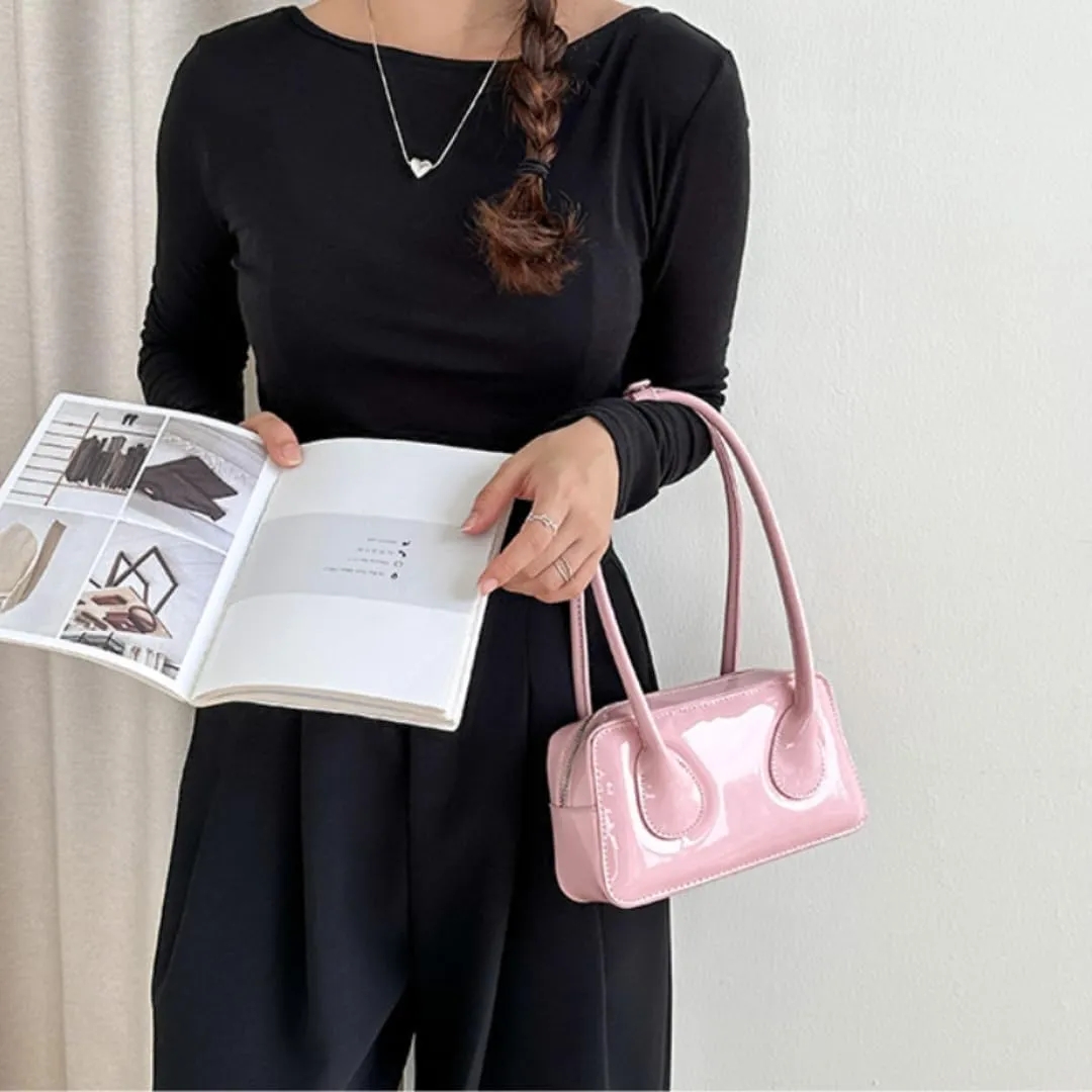 Women Patent Leather Shoulder Bag Top Handle Bag Cute Versatile Satchel Handbag Purses Aesthetic Underarm Bag
