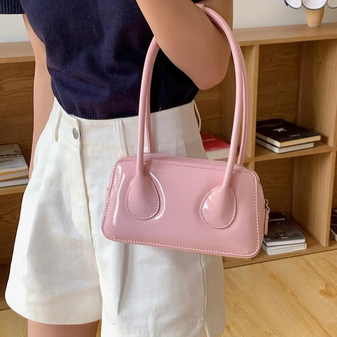 Women Patent Leather Shoulder Bag Top Handle Bag Cute Versatile Satchel Handbag Purses Aesthetic Underarm Bag
