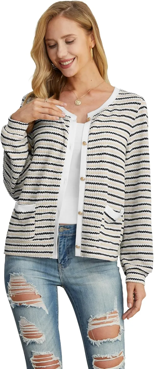 Women Striped Cardigan Button Cardigan Sweaters Dressy Casual Lightweight Jacket with Patch Pockets for Women