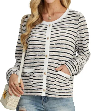 Women Striped Cardigan Button Cardigan Sweaters Dressy Casual Lightweight Jacket with Patch Pockets for Women