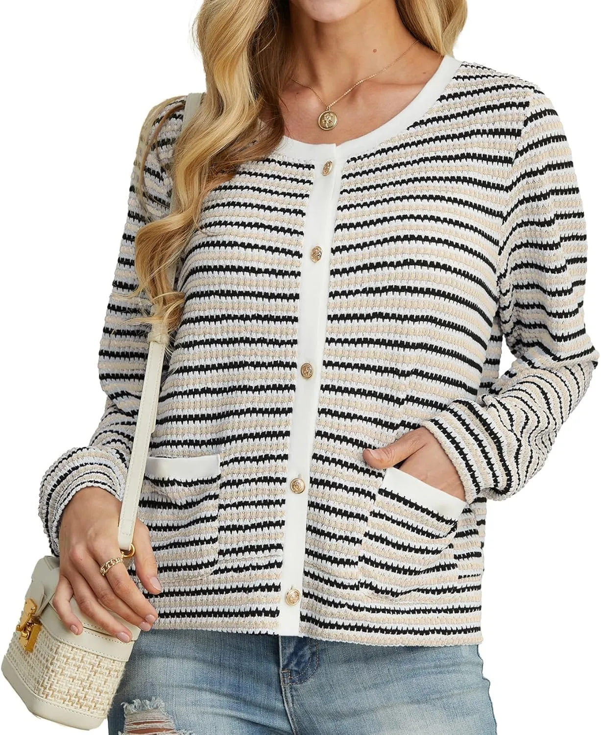 Women Striped Cardigan Button Cardigan Sweaters Dressy Casual Lightweight Jacket with Patch Pockets for Women