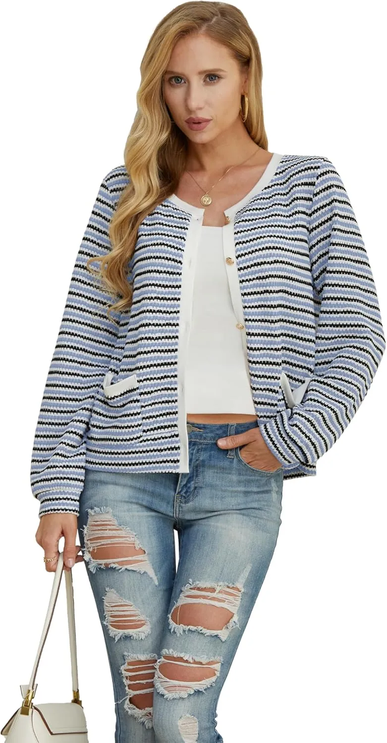 Women Striped Cardigan Button Cardigan Sweaters Dressy Casual Lightweight Jacket with Patch Pockets for Women
