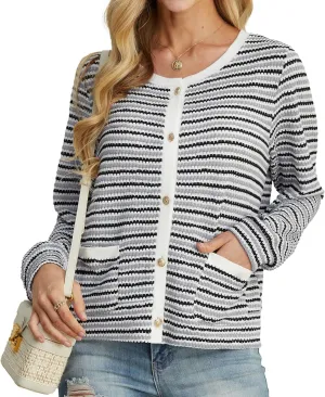 Women Striped Cardigan Button Cardigan Sweaters Dressy Casual Lightweight Jacket with Patch Pockets for Women