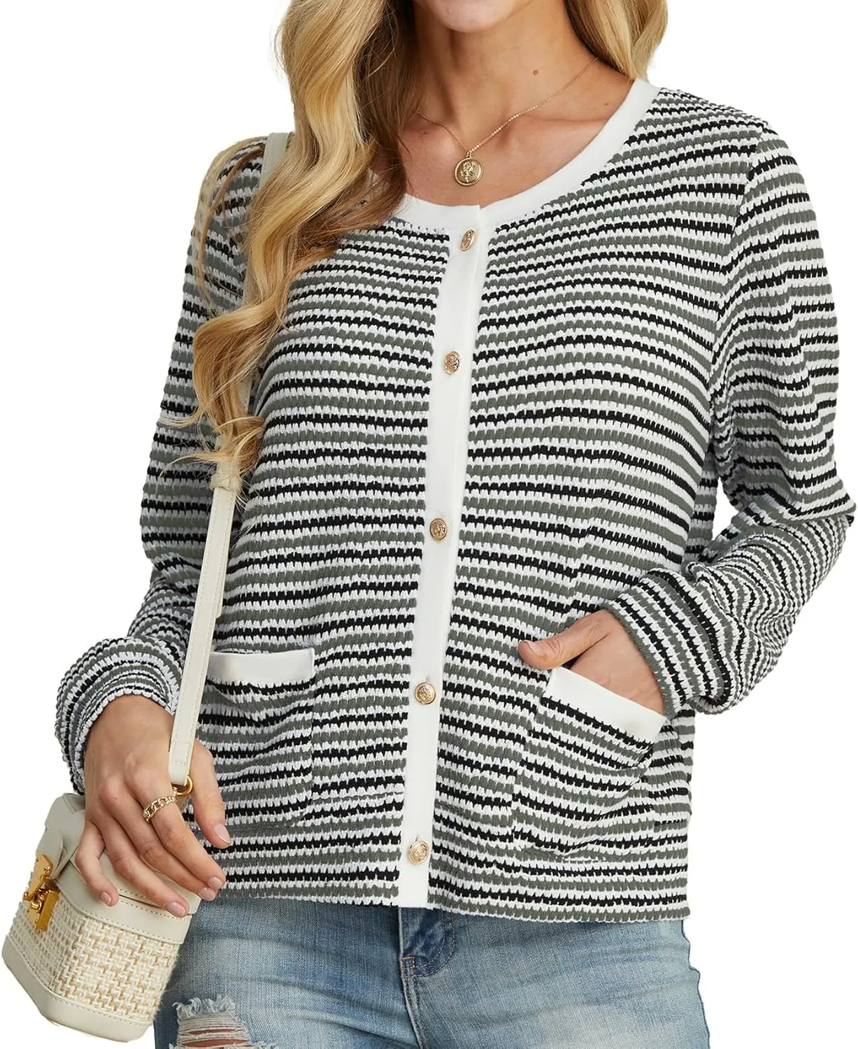 Women Striped Cardigan Button Cardigan Sweaters Dressy Casual Lightweight Jacket with Patch Pockets for Women