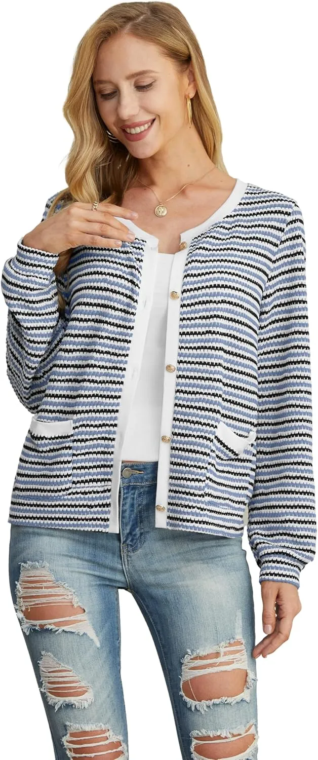 Women Striped Cardigan Button Cardigan Sweaters Dressy Casual Lightweight Jacket with Patch Pockets for Women