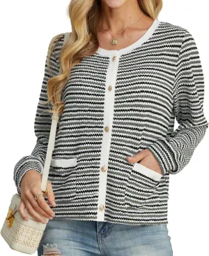 Women Striped Cardigan Button Cardigan Sweaters Dressy Casual Lightweight Jacket with Patch Pockets for Women