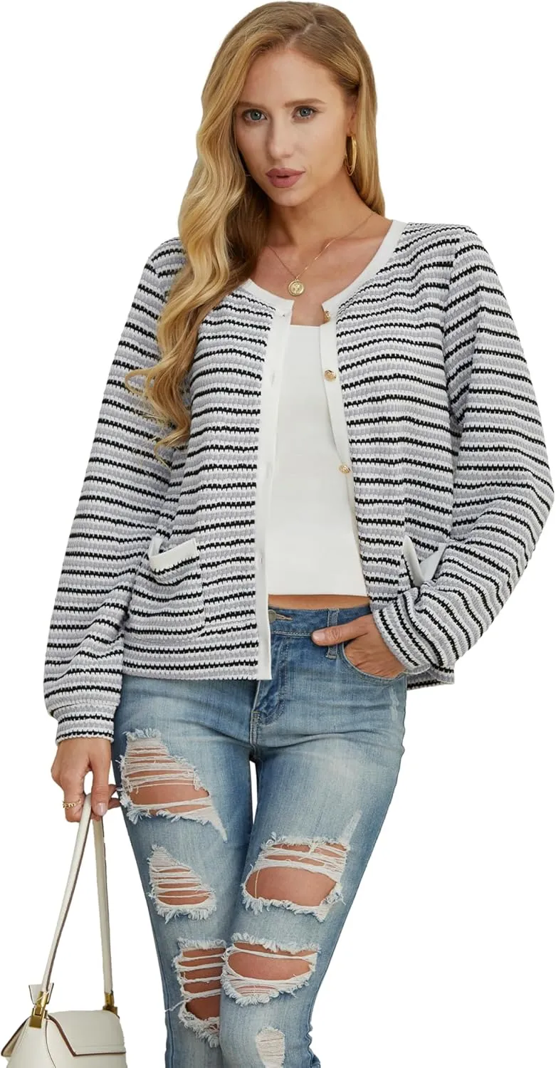 Women Striped Cardigan Button Cardigan Sweaters Dressy Casual Lightweight Jacket with Patch Pockets for Women