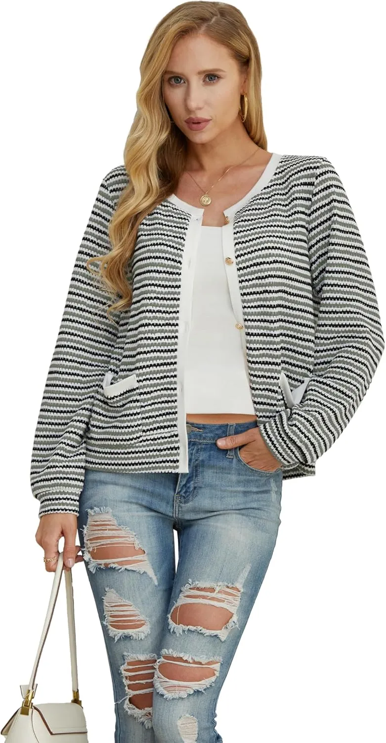 Women Striped Cardigan Button Cardigan Sweaters Dressy Casual Lightweight Jacket with Patch Pockets for Women