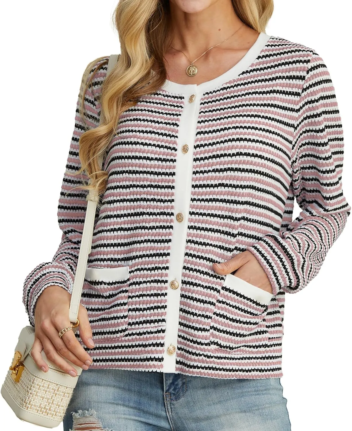 Women Striped Cardigan Button Cardigan Sweaters Dressy Casual Lightweight Jacket with Patch Pockets for Women