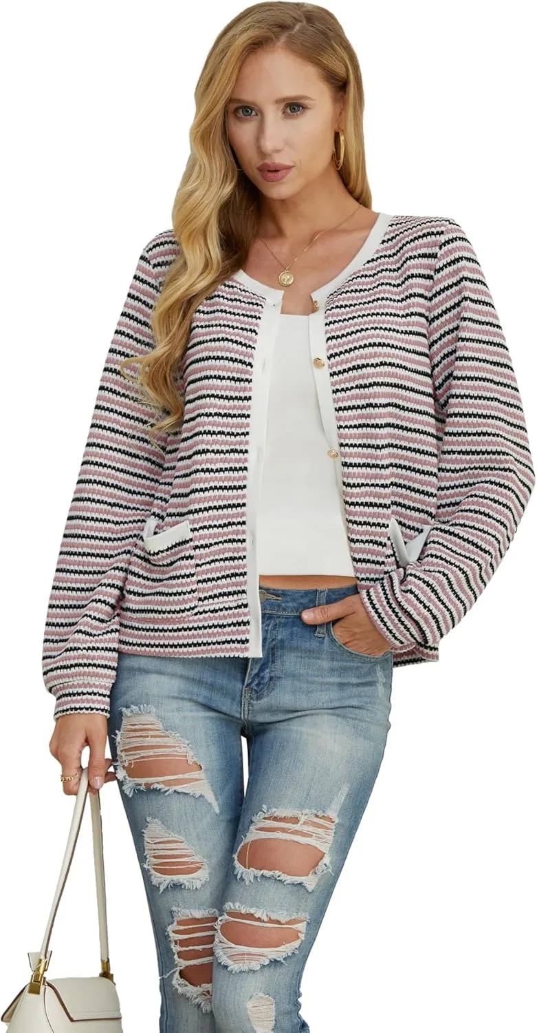 Women Striped Cardigan Button Cardigan Sweaters Dressy Casual Lightweight Jacket with Patch Pockets for Women