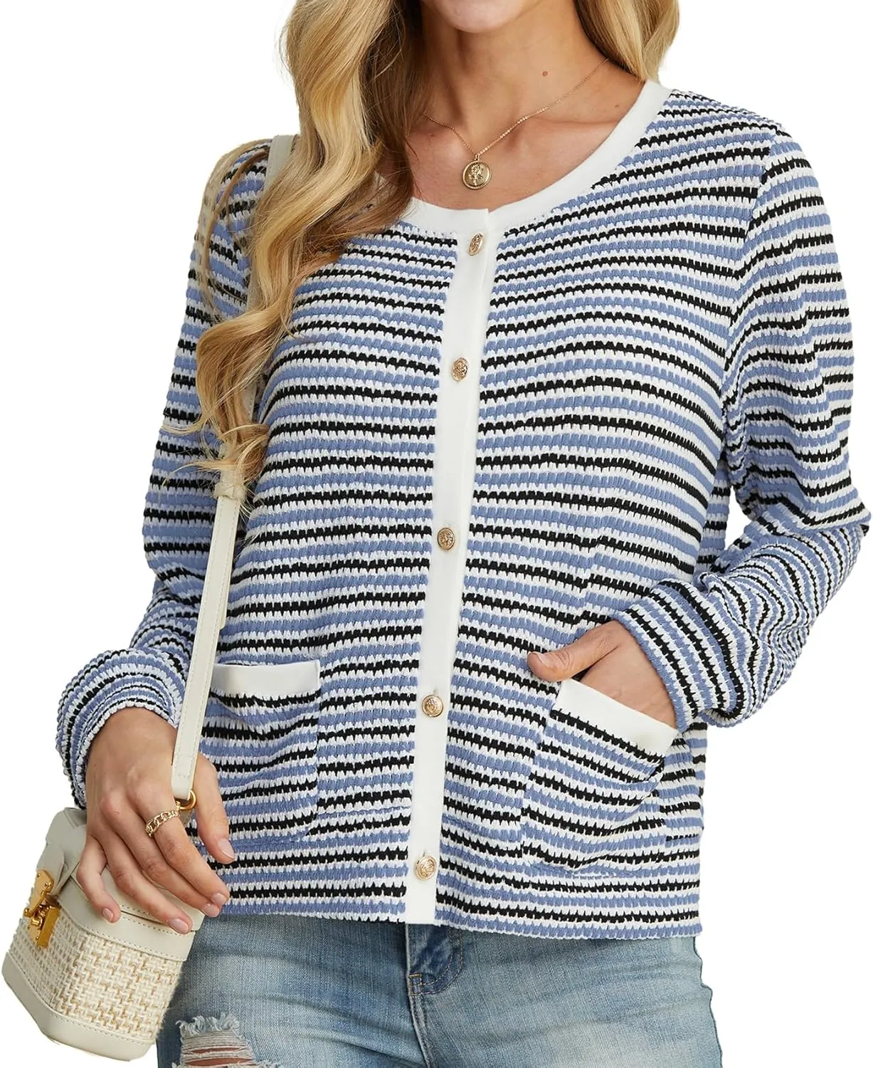Women Striped Cardigan Button Cardigan Sweaters Dressy Casual Lightweight Jacket with Patch Pockets for Women