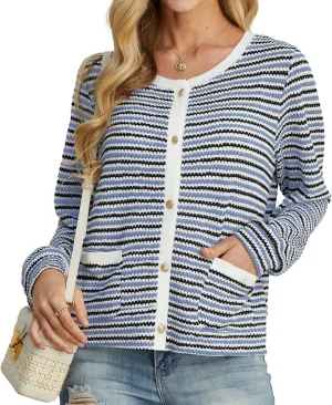 Women Striped Cardigan Button Cardigan Sweaters Dressy Casual Lightweight Jacket with Patch Pockets for Women