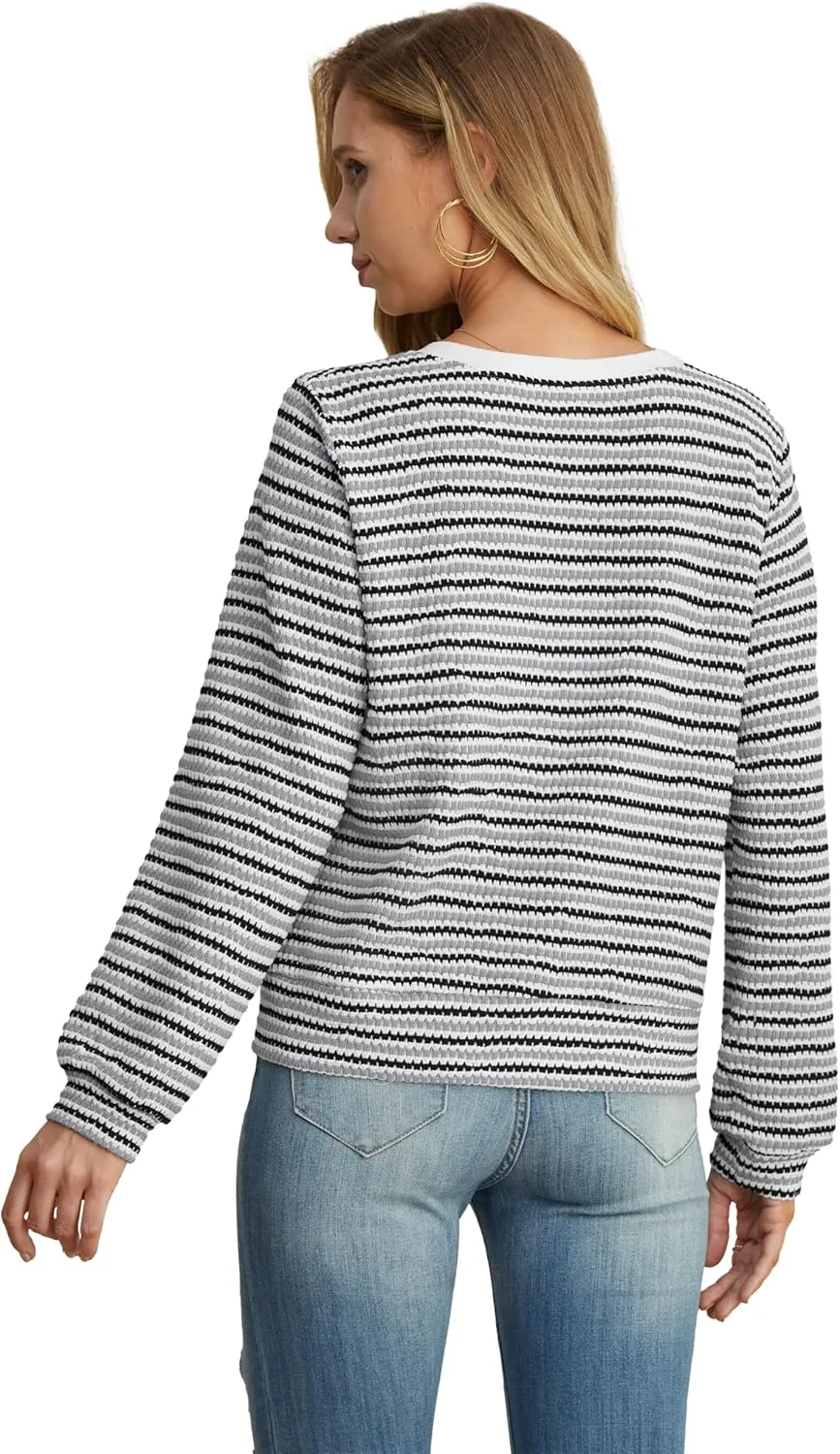 Women Striped Cardigan Button Cardigan Sweaters Dressy Casual Lightweight Jacket with Patch Pockets for Women