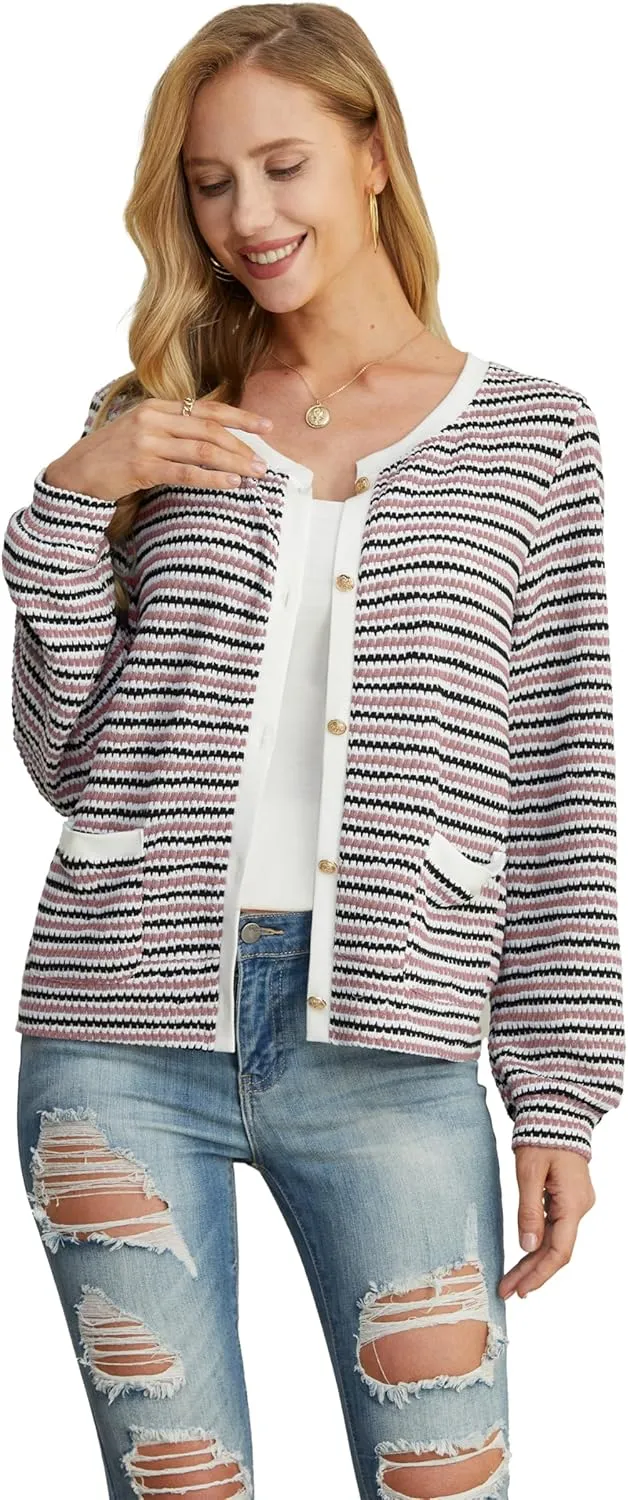 Women Striped Cardigan Button Cardigan Sweaters Dressy Casual Lightweight Jacket with Patch Pockets for Women