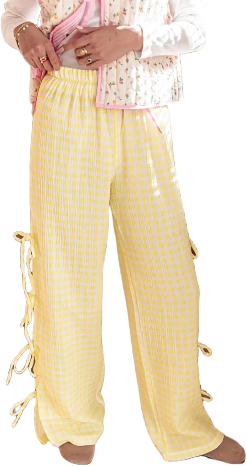Women Y2k Plaid Print Long Pants Side Tie Bow Wide Leg Pants High Waist Gingham Trousers Lounge Pants