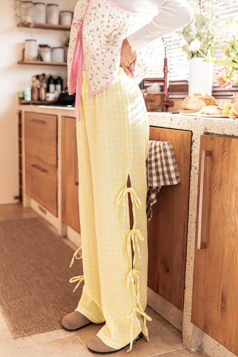 Women Y2k Plaid Print Long Pants Side Tie Bow Wide Leg Pants High Waist Gingham Trousers Lounge Pants